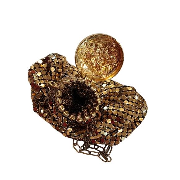 Antique 1930s Gold Chain Maille Mesh Evening Bag Art Deco Cocktail Floral Cap - Picture 2 of 9